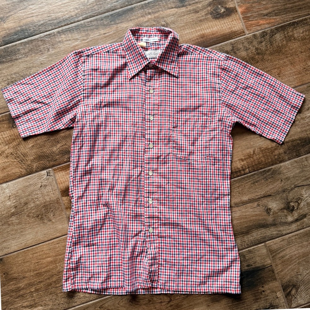 Lord & Taylor VTG Mens Gingham Single Stitch SS Button Down Shirt,Red Blue, M